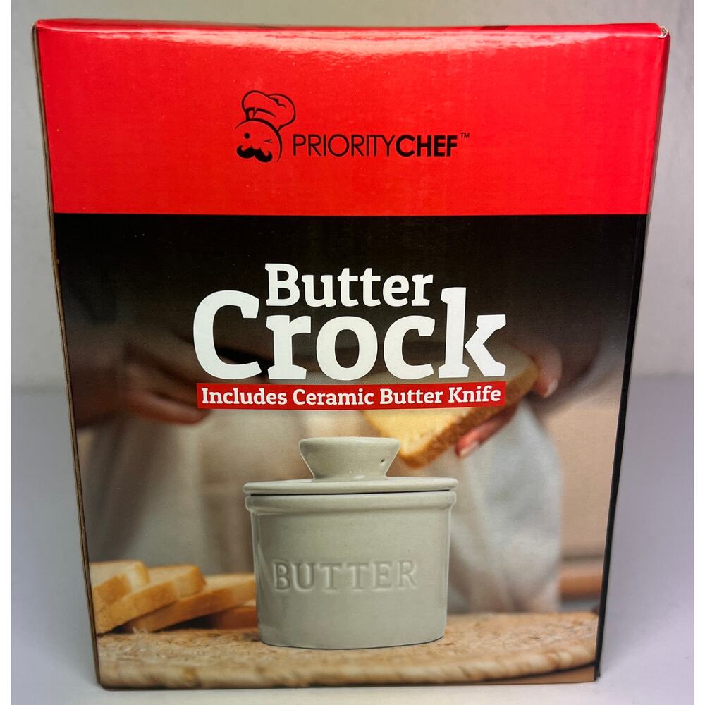 Priority Chef Butter Crock with Lid + Ceramic Butter Knife – White – NEW